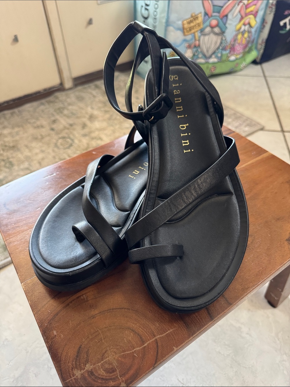 Gianni Bini Black Leather Strappy Ankle-Sling Sandals